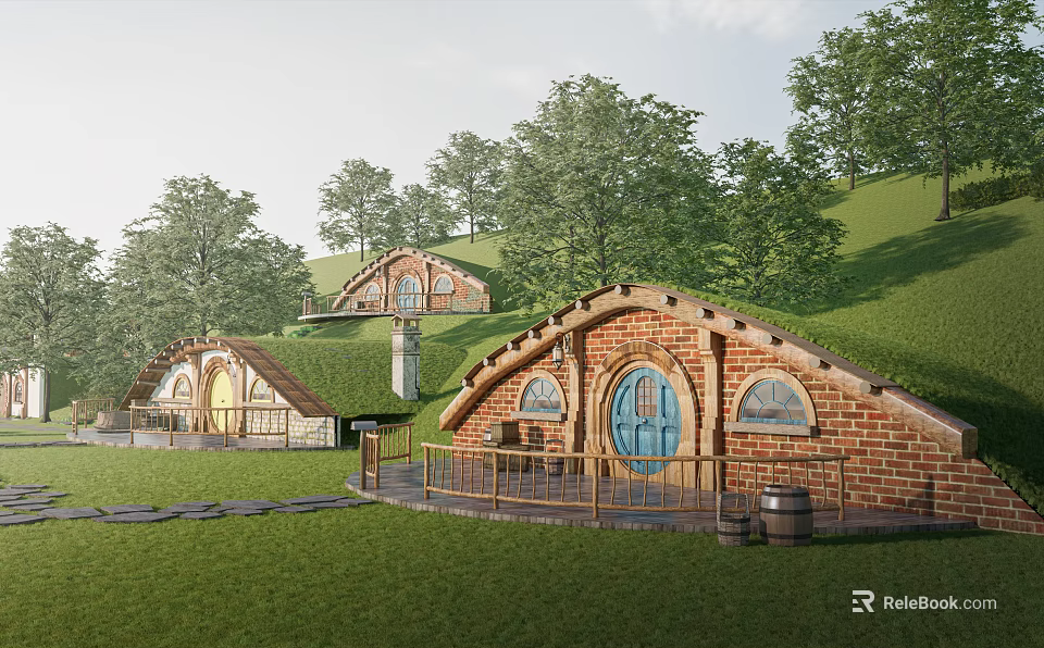 Hobbit Style Wooden House with Green Grass Roof Surrounded by Lush Trees and Blue Door 3d model 