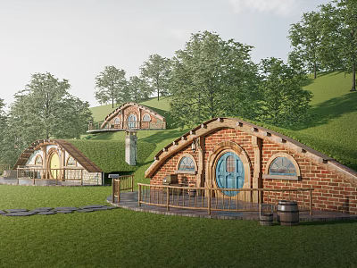 Hobbit Style Wooden House with Green Grass Roof Surrounded by Lush Trees and Blue Door 3d model