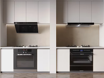 Modern Kitchen With White Cabinets Black Range Hoods Ovens And Appliances 3d model