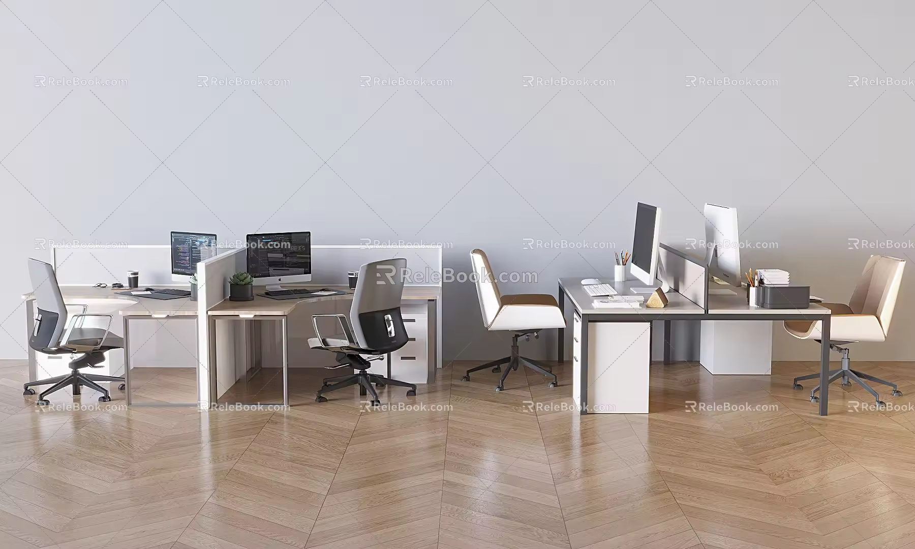 Card holder office desk and chair combination solid wood desk rotating chair desktop computer printer 3d model