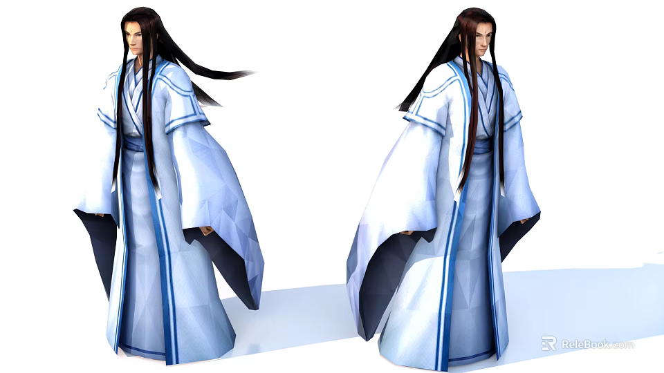 Man in White Traditional Robe with Blue Stripes and Flowing Long Hair 3d model 