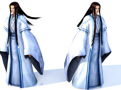 Man in White Traditional Robe with Blue Stripes and Flowing Long Hair 3d model