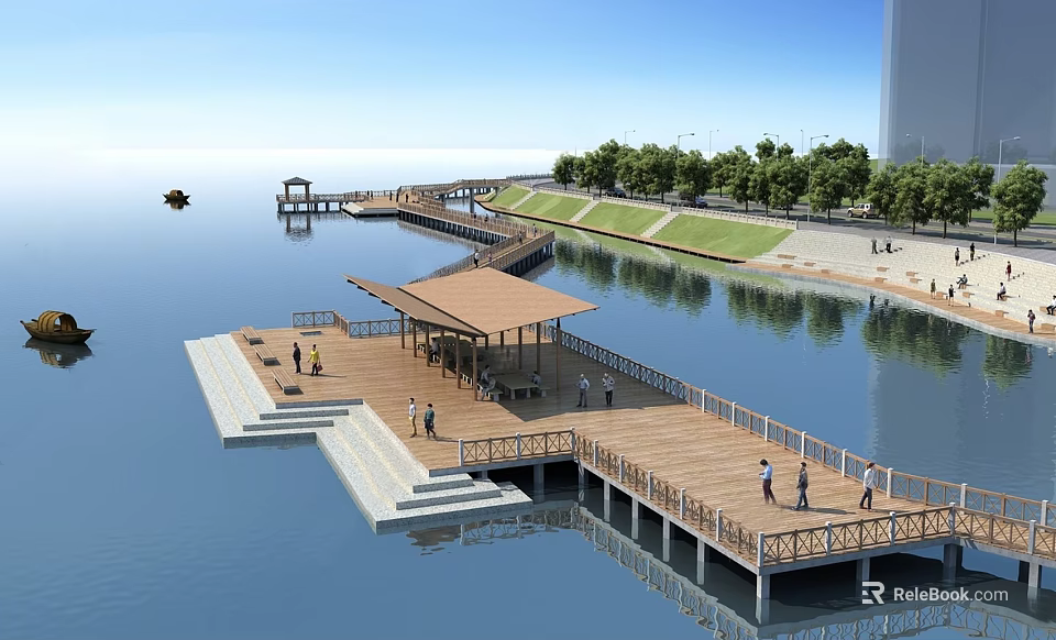 Waterfront Landscape With Wooden Boardwalk Pavilion Greenery And Calm Water Surface 3d model 