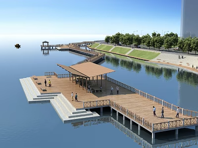 Waterfront Landscape With Wooden Boardwalk Pavilion Greenery And Calm Water Surface 3d model