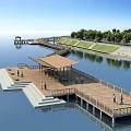 Waterfront Landscape With Wooden Boardwalk Pavilion Greenery And Calm Water Surface