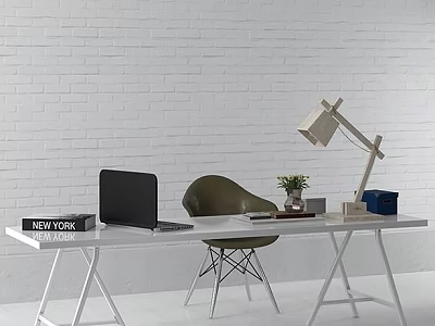 Modern White Desk with Laptop Book Desk Lamp and Green Chair Against White Brick Wall 3d model