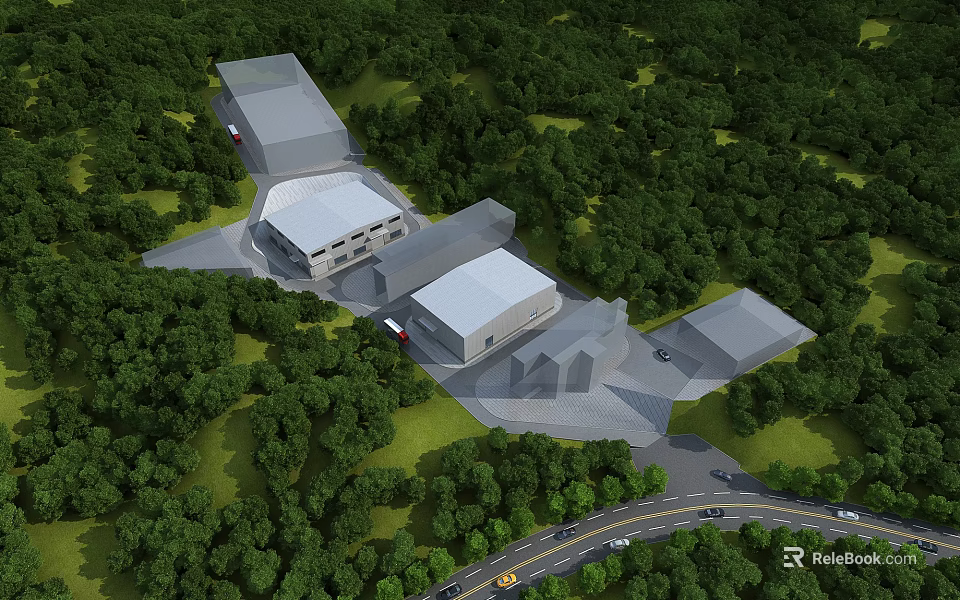 Aerial View of Industrial Factory Complex Surrounded by Lush Green Forests 3d model 