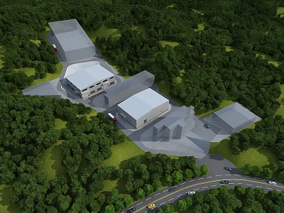 Aerial View of Industrial Factory Complex Surrounded by Lush Green Forests 3d model