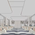 Elegant Banquet Hall Interior Setup With Tables Chairs And Large Screen Decorations 3d model