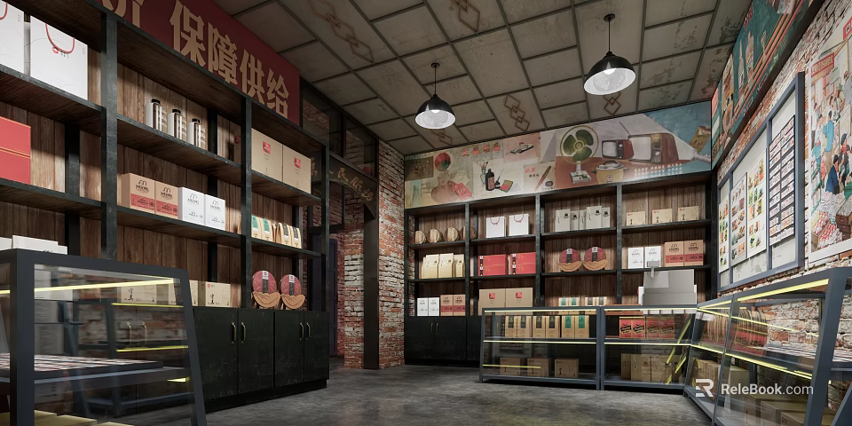 Traditional Chinese Specialty Store with Brick Walls Vintage Murals and Wooden Crates 3d model 