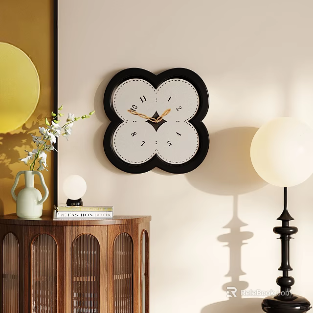 Modern Floor Lamp With White Globe Shade Wooden Cabinet And Clover Wall Clock 3d model 