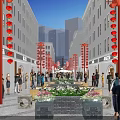 Vibrant Commercial Pedestrian Street with Red Lanterns Flower Beds Buildings and Busy Pedestrians