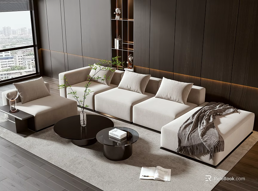 Modern Beige Sofa And Coffee Table Set With Multiple Cushions Throw Blanket And Wooden Wall 3d model 
