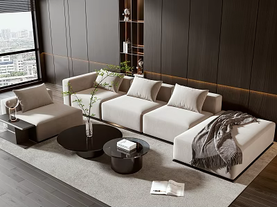 Modern Beige Sofa And Coffee Table Set With Multiple Cushions Throw Blanket And Wooden Wall 3d model