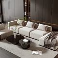 Modern Beige Sofa And Coffee Table Set With Multiple Cushions Throw Blanket And Wooden Wall