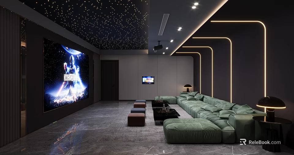Modern Home Theater With Starry Ceiling And Green Sofa 3d model 