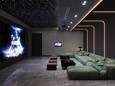 Modern Home Theater With Starry Ceiling And Green Sofa 3d model