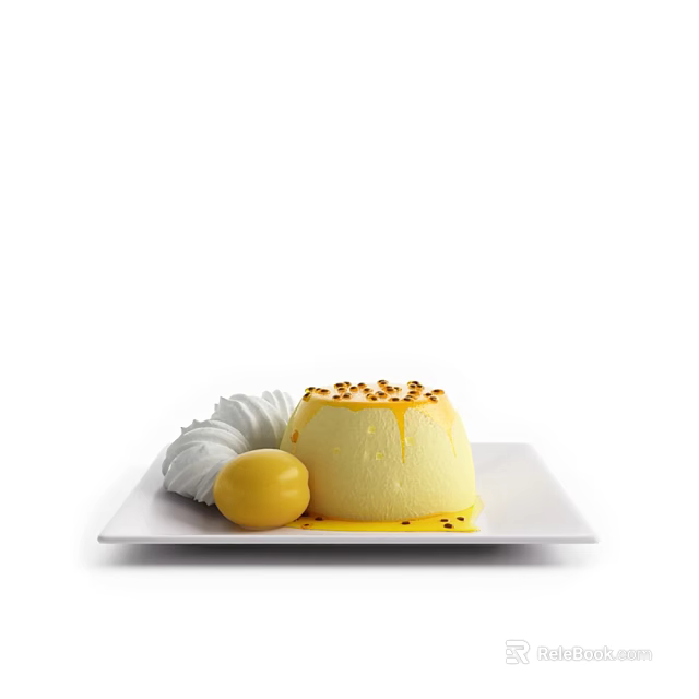 Delicious Creamy Yellow Dessert Topped With Passion Fruit Seeds And Whipped Cream On White Plate 3d model 