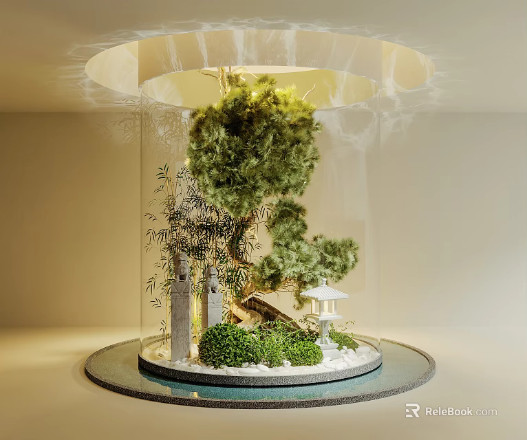 Miniature Garden Decor With Glass Dome Green Plants Small Pagoda Stones Moss And Round Base 3d model 