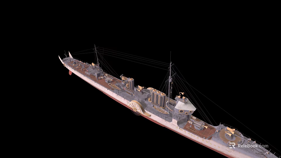 Detailed Historical Warship 3D Model Showcasing Deck Equipment Masts On Black Background 3d model 