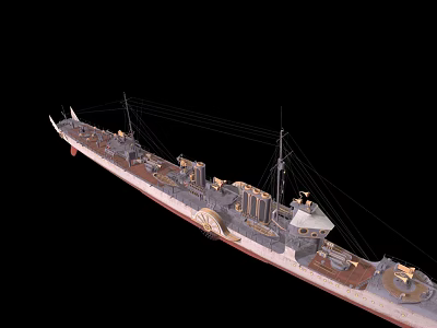 Detailed Historical Warship 3D Model Showcasing Deck Equipment Masts On Black Background 3d model