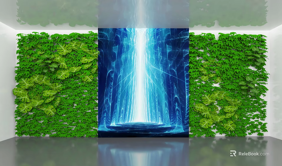 Stylish Interior Scene Featuring Green Plant Wall Blue Illuminated Tunnel On Reflective Floor 3d model 