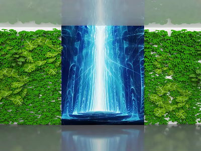 Stylish Interior Scene Featuring Green Plant Wall Blue Illuminated Tunnel On Reflective Floor 3d model