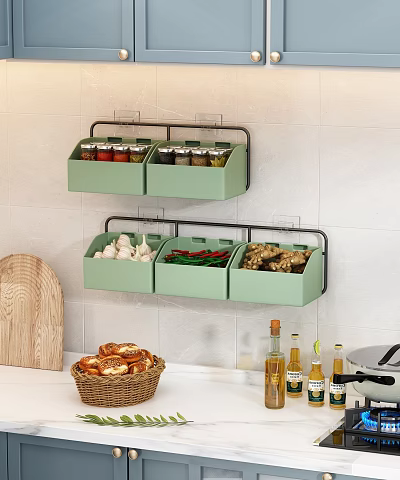 Practical Green Wall Cabinets Organizing Spices Garlic Chilies And Ginger In Kitchen 3d model