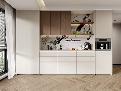 Modern Kitchen Interior With Stylish Wine Cabinet And Marble Shelves For Storage 3d model