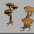 Unique Mushroom Like Plants With Multiple Umbrella Shaped Caps Twisted Trunks And Hanging Tendrils