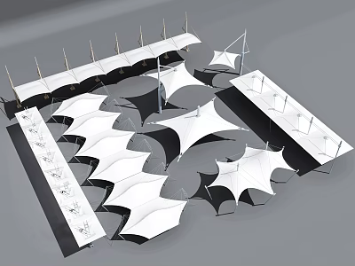 Tensile Membrane Roof Structure With Multiple White Canopy Panels And Metal Support Poles 3d model