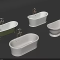 Freestanding Bathtubs In Green And White With Brass Faucets And Metal Feet