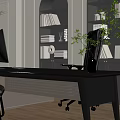 Modern Office Interior Design With Large Desk Black Chair Bookshelves Green Plant And Computer