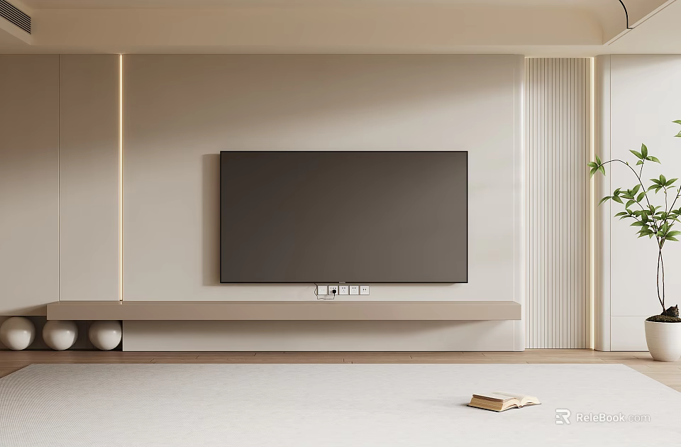 Minimalist Modern TV Background Wall With Light Colored Panel TV Console And Plant 3d model 