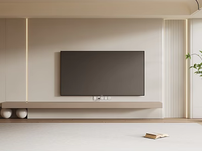 Minimalist Modern TV Background Wall With Light Colored Panel TV Console And Plant 3d model