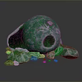 Green Cracked Stone Sphere With Scattered Broken Fragments On Surface