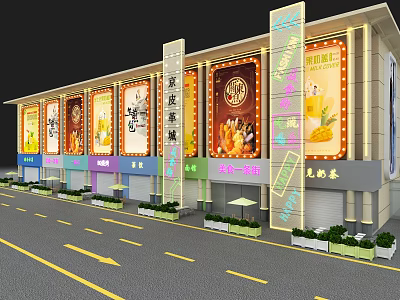 Vibrant Commercial Street Exterior With Colorful Storefronts Billboards Green Plants And Street Layout 3d model