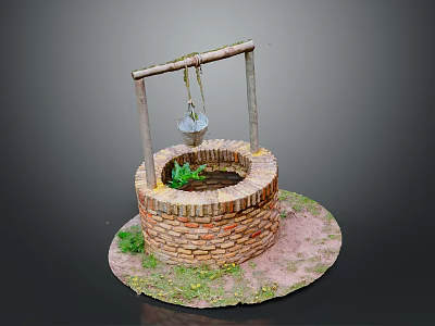 Traditional Brick Well Structure With Wooden Frame Hanging Water Bucket And Green Plants 3d model