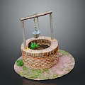 Traditional Brick Well Structure With Wooden Frame Hanging Water Bucket And Green Plants