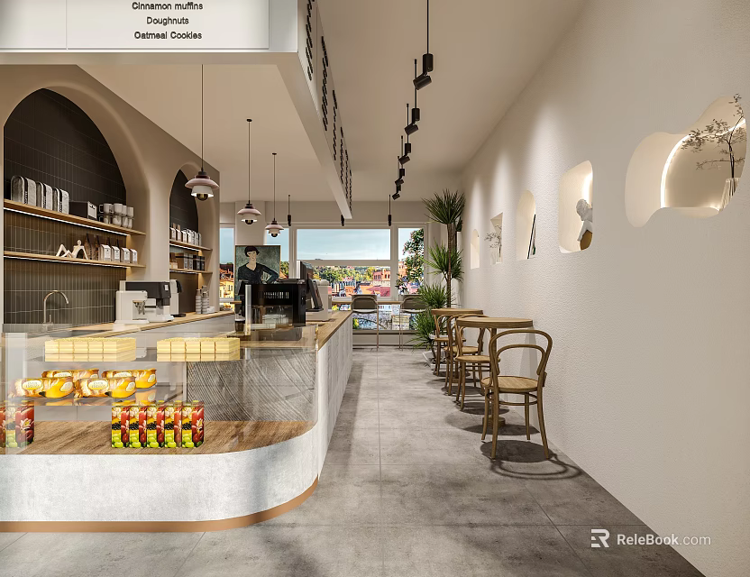 Modern Pastry Shop Interior With Display Counter And Seating 3d model 