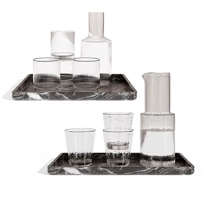 Transparent Glass Cups With Glass Pitcher Arranged On Marble Serving Tray 3d model