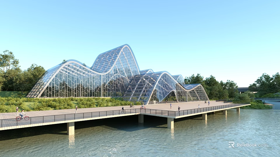 Modern Wavy Glass Structure Waterfront Boardwalk With Green Trees And Visitors 3d model 