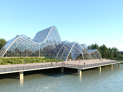 Modern Wavy Glass Structure Waterfront Boardwalk With Green Trees And Visitors 3d model