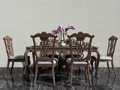Classic Wooden Dining Table with Carved Chairs Purple Flower Vase and Glassware on Marble Floor 3d model