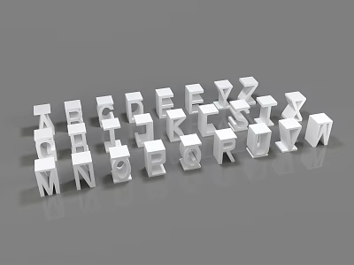 White Display Shelves With Neatly Arranged 3D Letters On Gray Background And Reflective Surface 3d model
