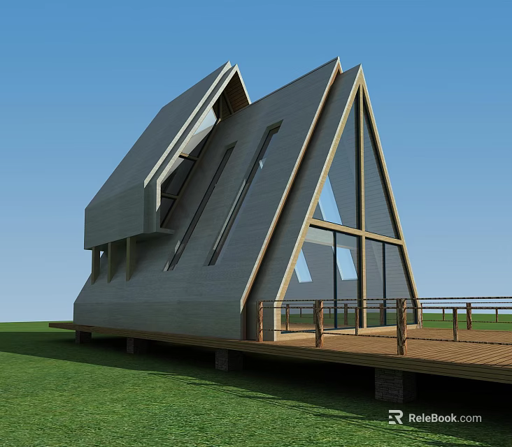 Modern Wooden House With Triangular Roof Large Glass Windows And Wooden Deck 3d model 