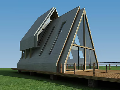Modern Wooden House With Triangular Roof Large Glass Windows And Wooden Deck 3d model