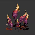 Vibrant Purple And Orange Plant With Golden Stamens And Branching Leaves On Dark Background