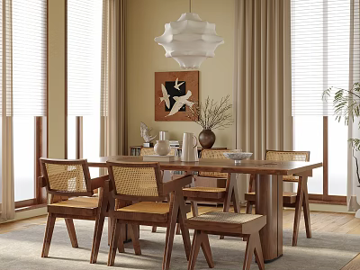 Warm Restaurant Dining Area With Wooden Table Chairs Pendant Light Wall Art And Window Blinds 3d model