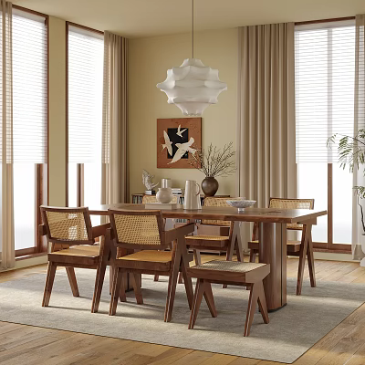 Warm Restaurant Dining Area With Wooden Table Chairs Pendant Light Wall Art And Window Blinds 3d model